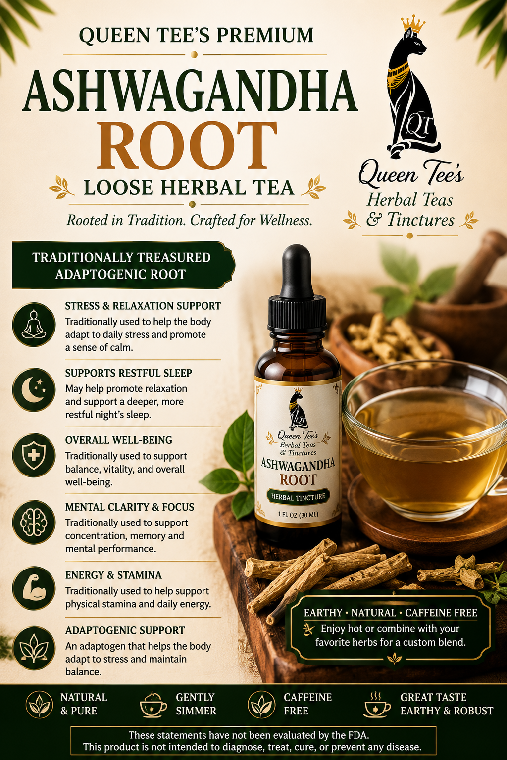 Loose Queen Tee's Premium Ashwagandha Root herbal tea in a jar, showcasing dried roots and natural herbal packaging.
