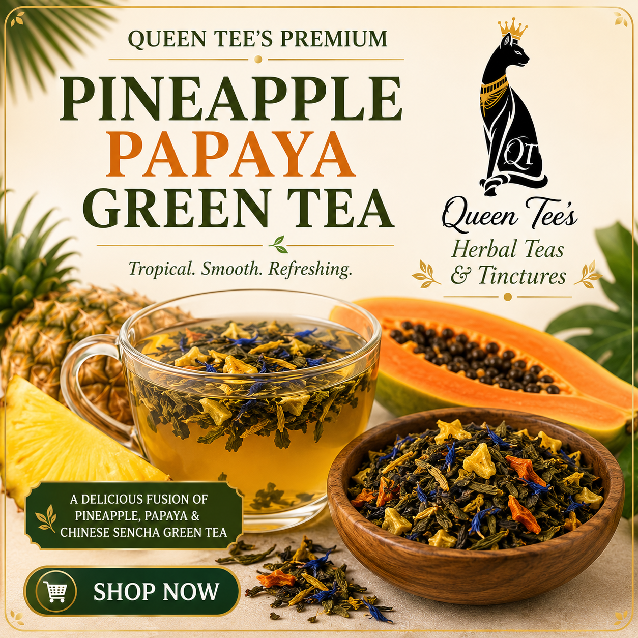 Loose green tea with pineapple and papaya flavor from Queen Tee's Premium Pineapple Papaya Green Tea collection.