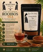 Loose Rooibos tea leaves from Queen Tee's Herbal Teas and Tinctures, showcasing dried red-brown herbs in a jar.