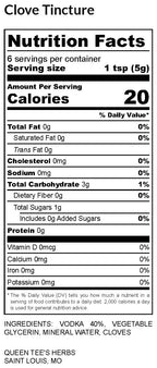 Queen Tee's Premium Clove Tincture bottle with nutrition label showing herbal tincture made from cloves.