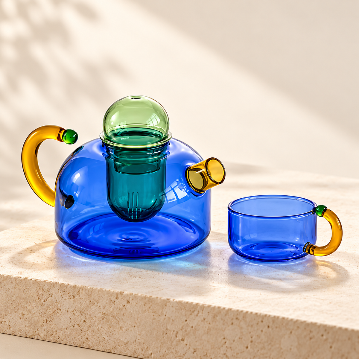 Mignone Heat-Resistant Borosilicate Glass Teapot with Removable Infuser and Cup — Modern Color-Contrast Design