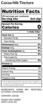 Queen Tee's Premium Cocoa Tincture bottle with nutrition label, showcasing Theobroma cacao extract in a dark glass dropper bottle.