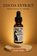 Queen Tee's Premium Cocoa Tincture bottle labeled Theobroma cacao, featuring a dark liquid inside a glass tincture bottle.