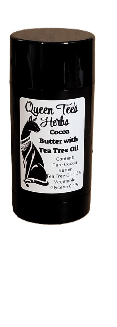 Queen Tee's Premium Cocoa Butter with Tea Tree Oil in a 1 oz jar, ideal for self-care and skin nourishment.