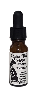 Queen Tee's Premium Cocoa Tincture bottle with label featuring Theobroma cacao, herbal tincture in glass dropper bottle.
