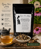 Queen Tee's Premium Echinacea Loose Tea in a clear jar with dried Echinacea flowers and leaves, ready for brewing.