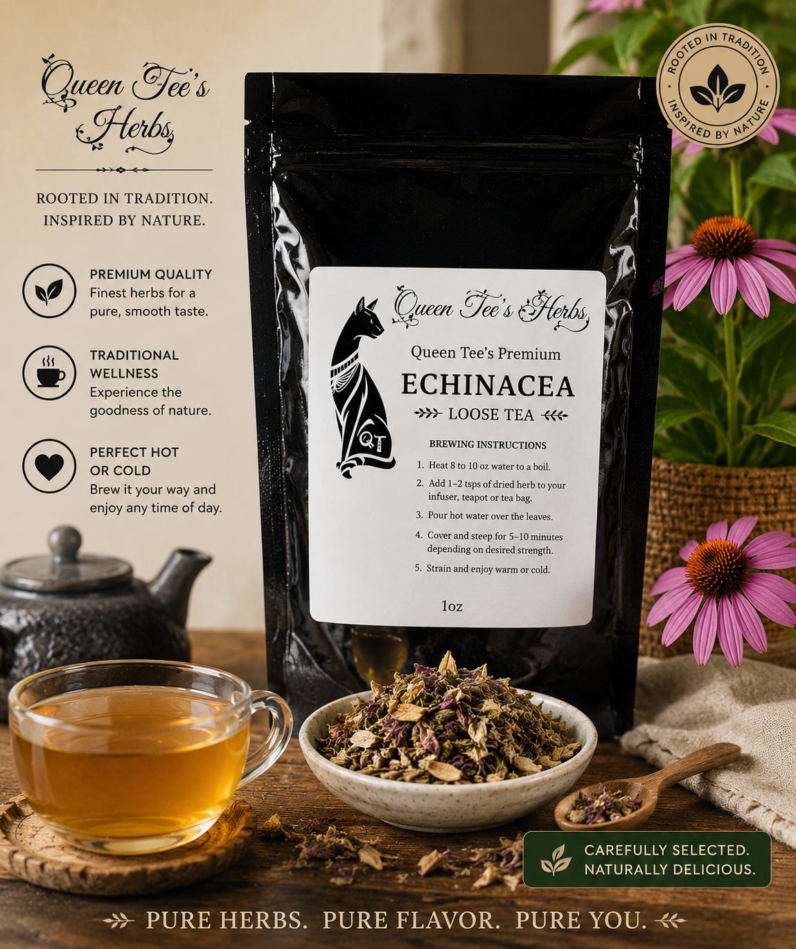 Queen Tee's Premium Echinacea Loose Tea in a clear jar with dried Echinacea flowers and leaves, ready for brewing.