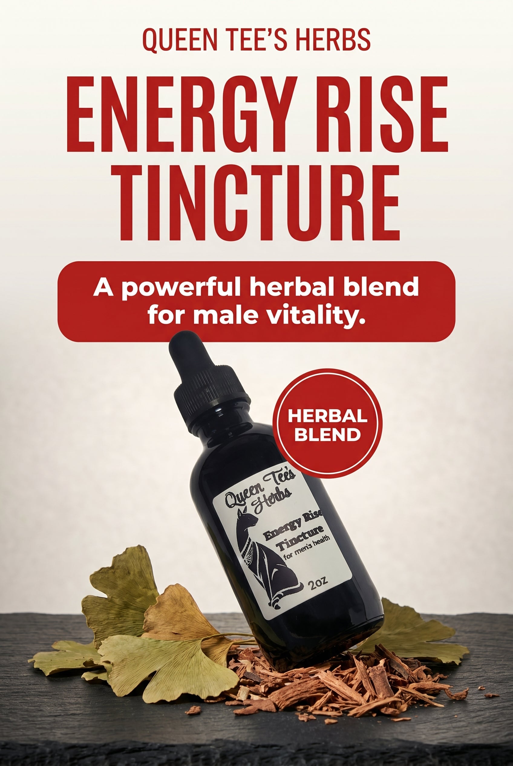Queen Tee's Herbal Teas and Tinctures Energy Rise Tincture bottle with dropper, showcasing herbal tincture inside.