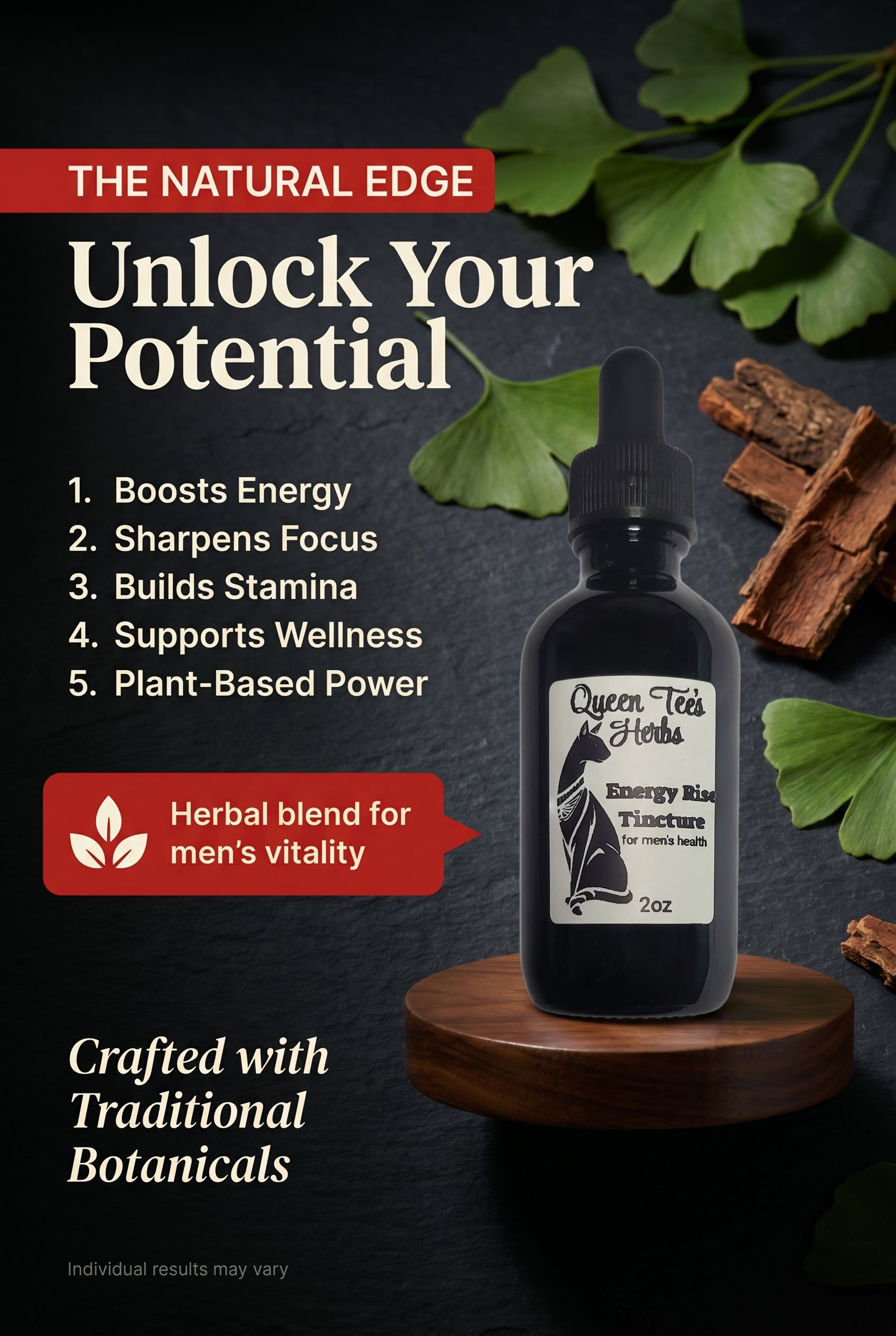 Energy Rise tincture bottle by Queen Tee's Herbal Teas and Tinctures, with dropper and herbal ingredients visible.