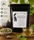 Loose Ginkgo Leaf Tea by Queen Tee's Herbal Teas, featuring fresh, dried ginkgo leaves in a clear glass jar.