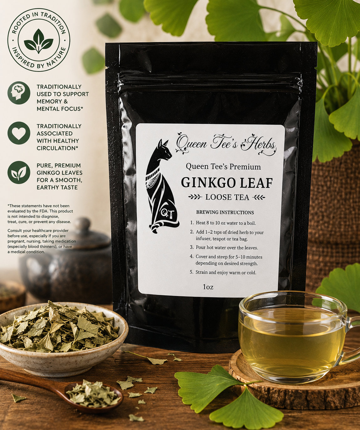 Loose Ginkgo Leaf Tea by Queen Tee's Herbal Teas, featuring fresh, dried ginkgo leaves in a clear glass jar.