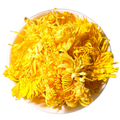 Loose Golden Chrysanthemum Blooming Tea from Queen Tee's Herbal Teas, showing fresh dried chrysanthemum blossoms in a clear container.