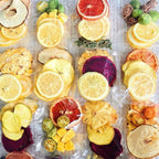 Queen Tee's Herbal Teas Freeze-Dried Fruit Tea Slices in loose tea packages, vibrant dried fruit slices for brewing tea.
