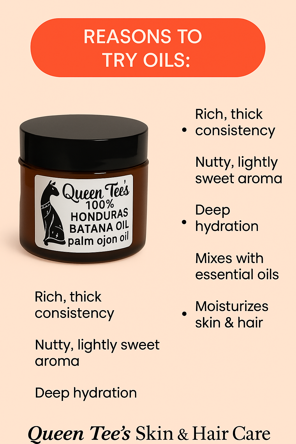 Bottle of Queen Tee's Herbal Teas and Tinctures Premium 100% Honduras Batana Oil for skin and hair care.