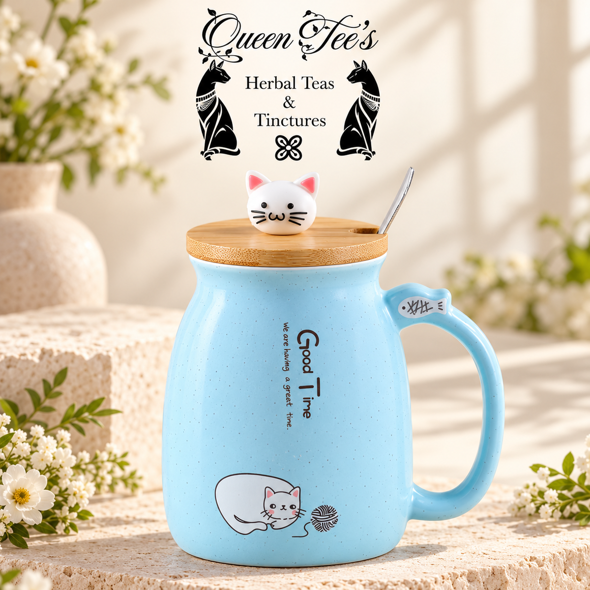 Cat Ceramic Milk Creamer Mug with Lid and Spoon — 380 mL