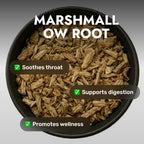 Loose marshmallow root tea by Queen Tee's Herbal Teas, showing dried Althea officinalis roots in a clear container.