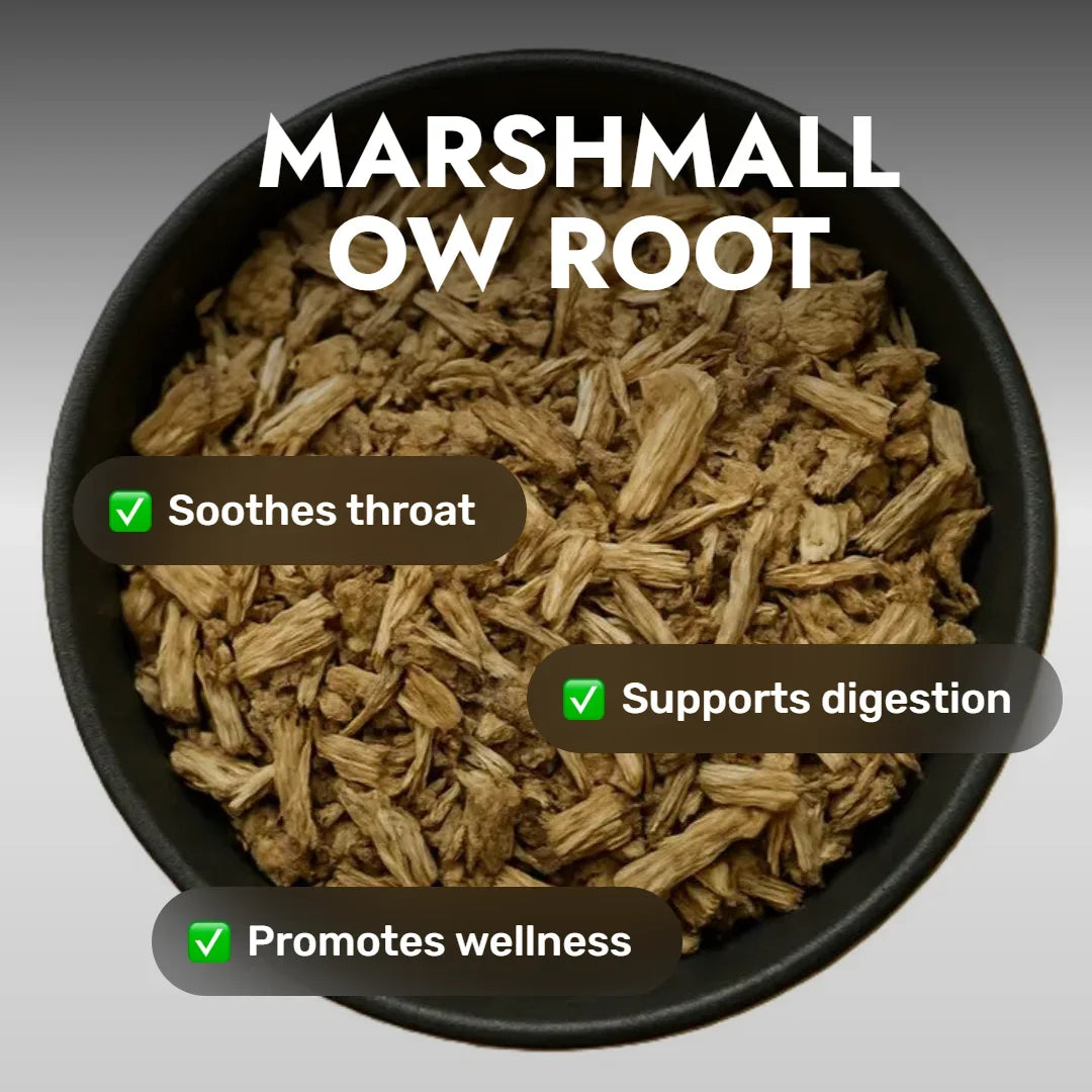 Loose marshmallow root tea by Queen Tee's Herbal Teas, showing dried Althea officinalis roots in a clear container.