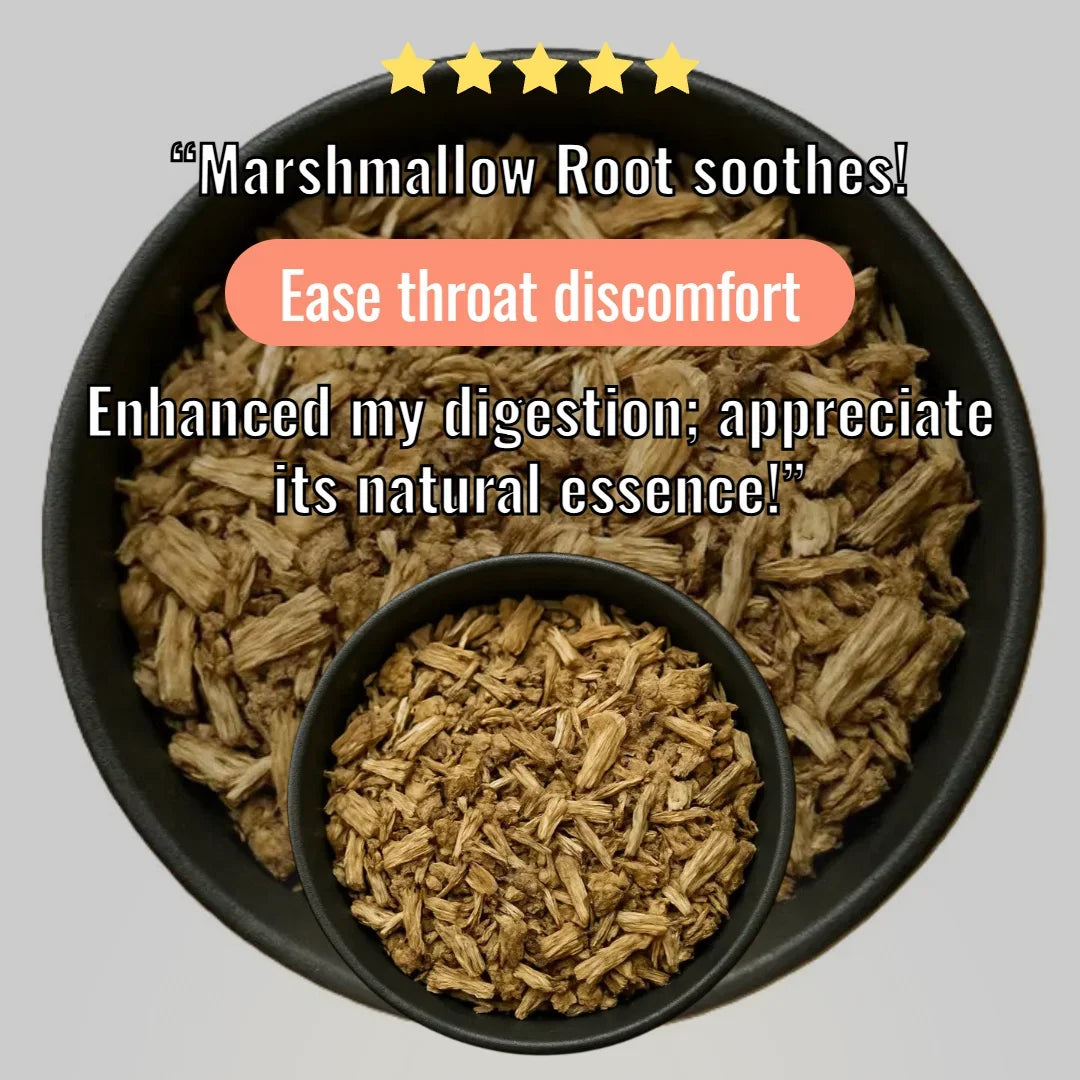 Loose marshmallow root tea from Queen Tee's Herbal Teas, showcasing dried Althea officinalis roots for soothing herbal infusion.