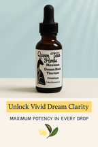 Queen Tee's Mexican Dream Herb Tincture bottle featuring herbal label with product name and botanical illustrations.