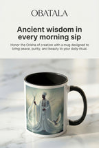 Orisha God Obatala mug with black interior, ceramic accessory featuring spiritual design, by Queen Tee's Herbal Teas and Tinctures.