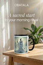 Orisha God Obatala mug with black interior, featuring spiritual design, from Queen Tee's Herbal Teas and Tinctures.