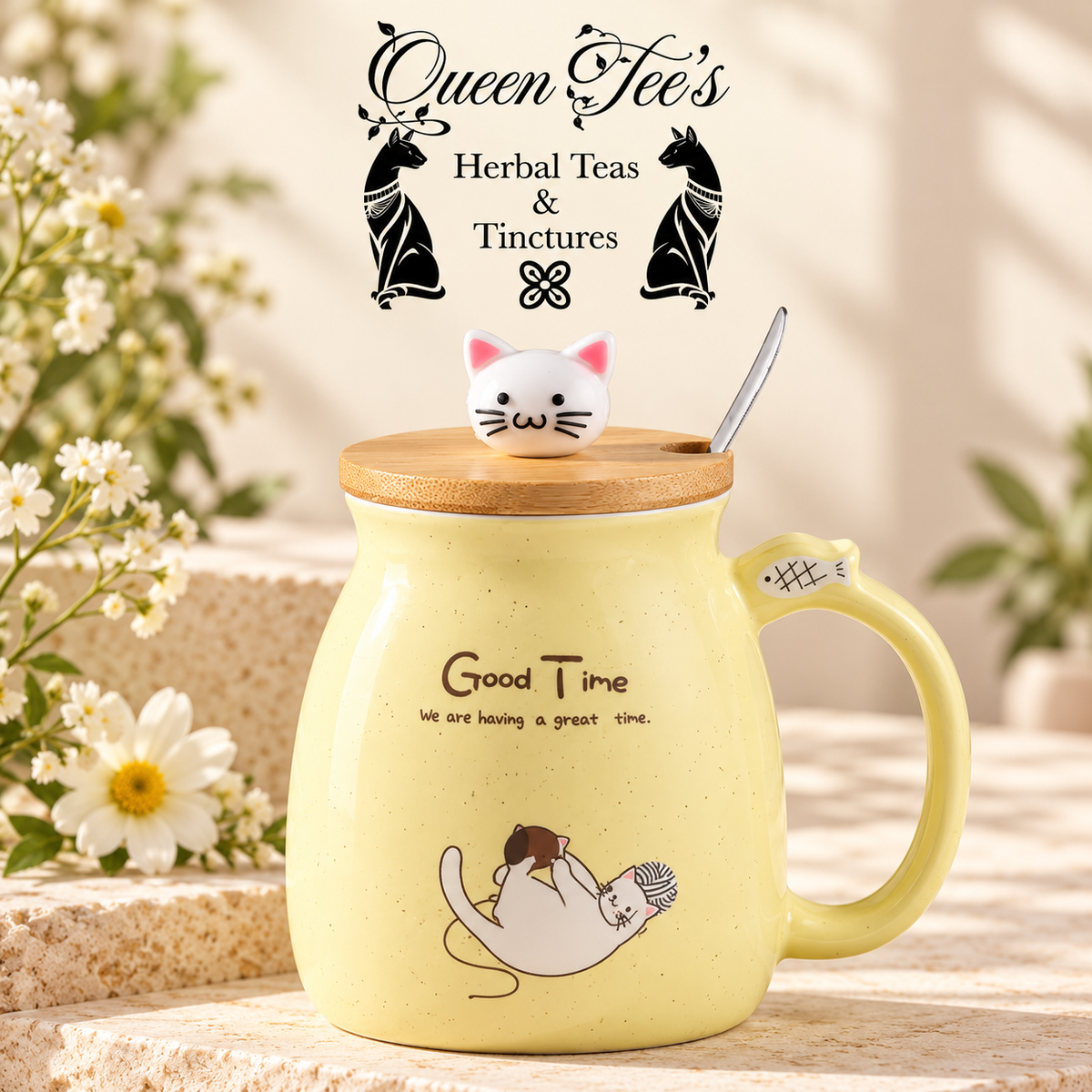 Cat Ceramic Milk Creamer Mug with Lid and Spoon — 380 mL