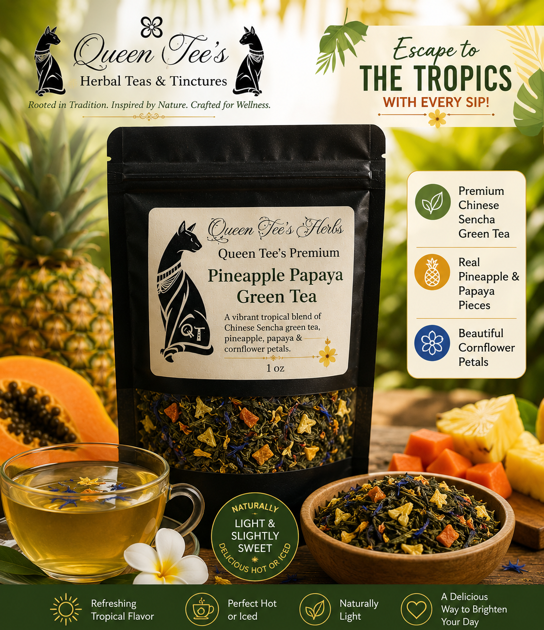 Loose green tea with pineapple and papaya from Queen Tee's Herbal Teas, featuring fresh, vibrant tea leaves and fruit pieces.