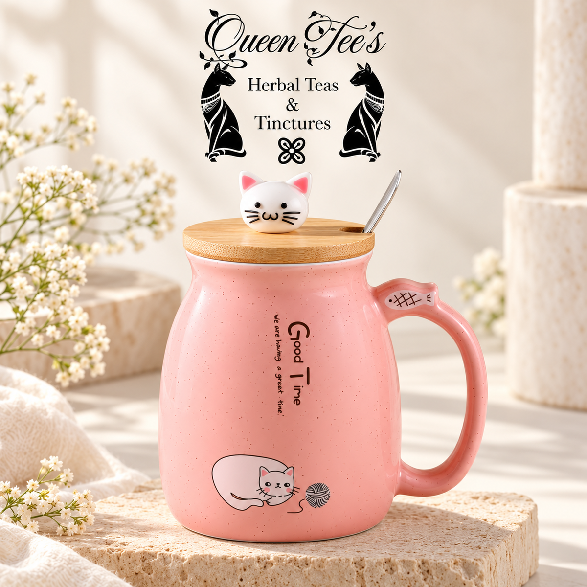 Cat Ceramic Milk Creamer Mug with Lid and Spoon — 380 mL