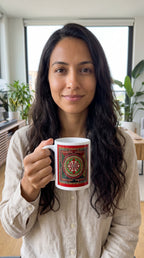 White glossy mug featuring a detailed Sri Yantra Mandala design, ideal as a spiritual accessory from Queen Tee's Herbal Teas and Tinctures.