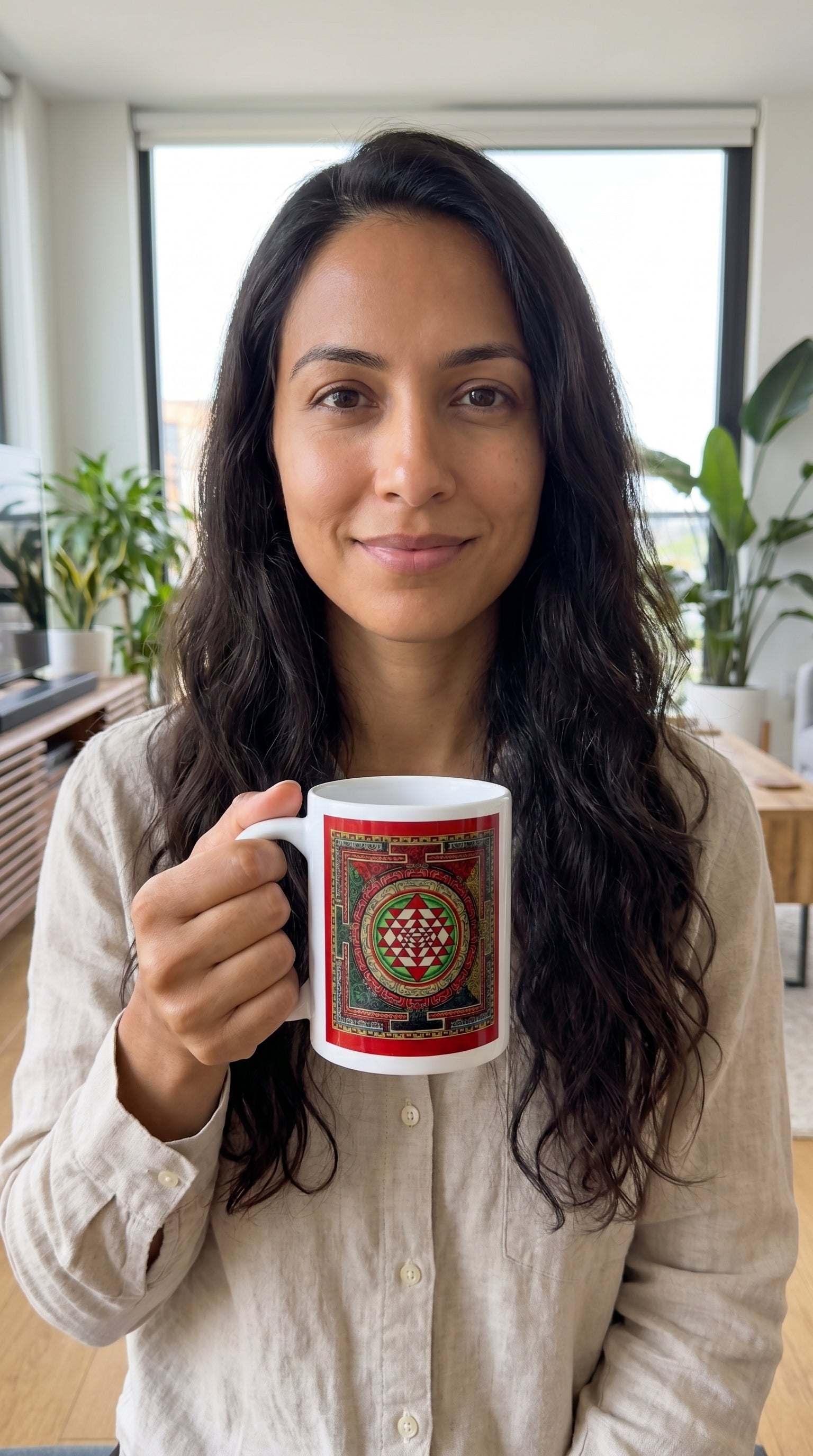 White glossy mug featuring a detailed Sri Yantra Mandala design, ideal as a spiritual accessory from Queen Tee's Herbal Teas and Tinctures.