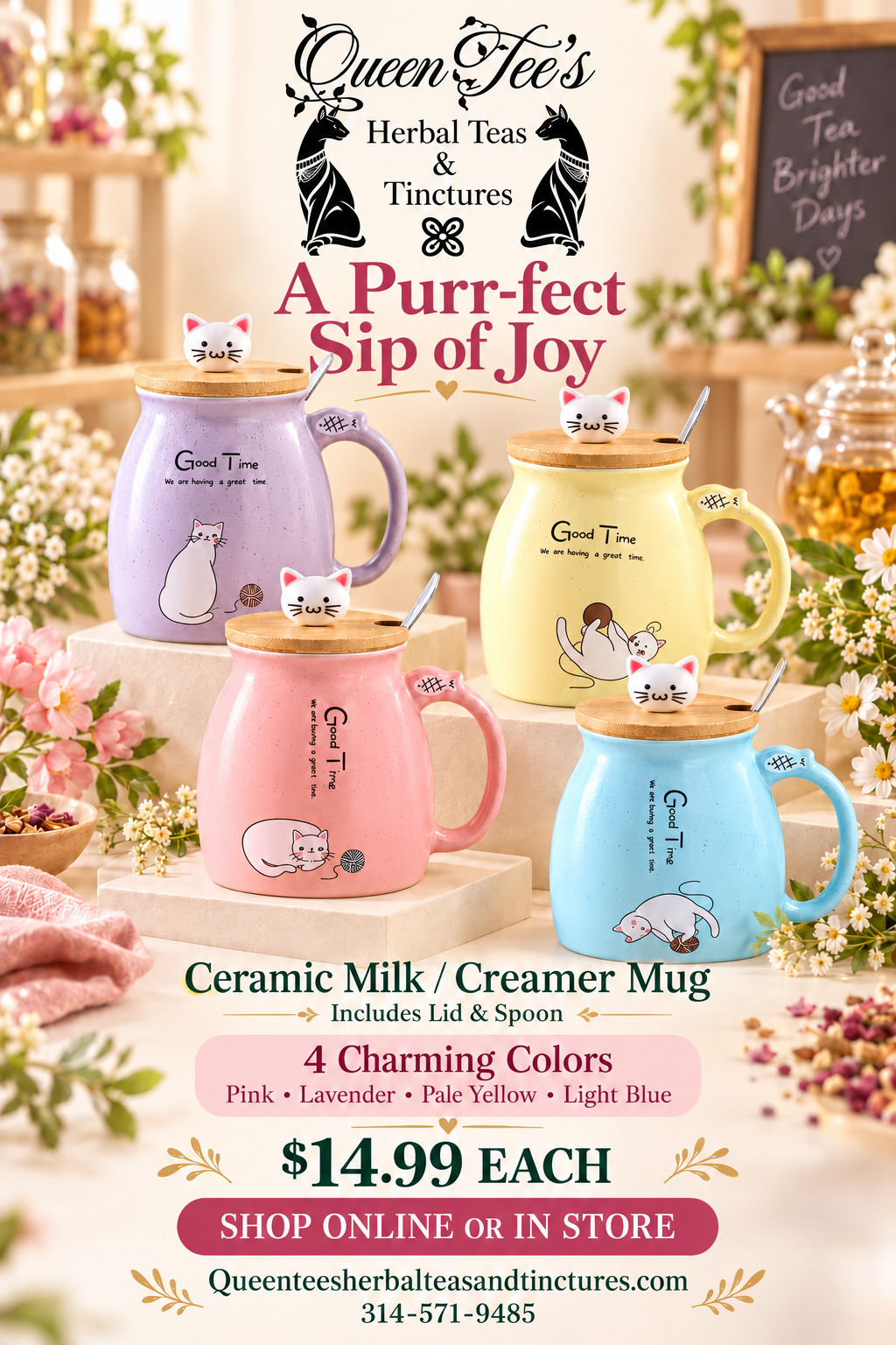 Cat Ceramic Milk Creamer Mug with Lid and Spoon — 380 mL