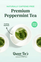 Loose leaf peppermint herbal tea by Queen Tee's Herbal Teas, vibrant green tea leaves in a clear container.