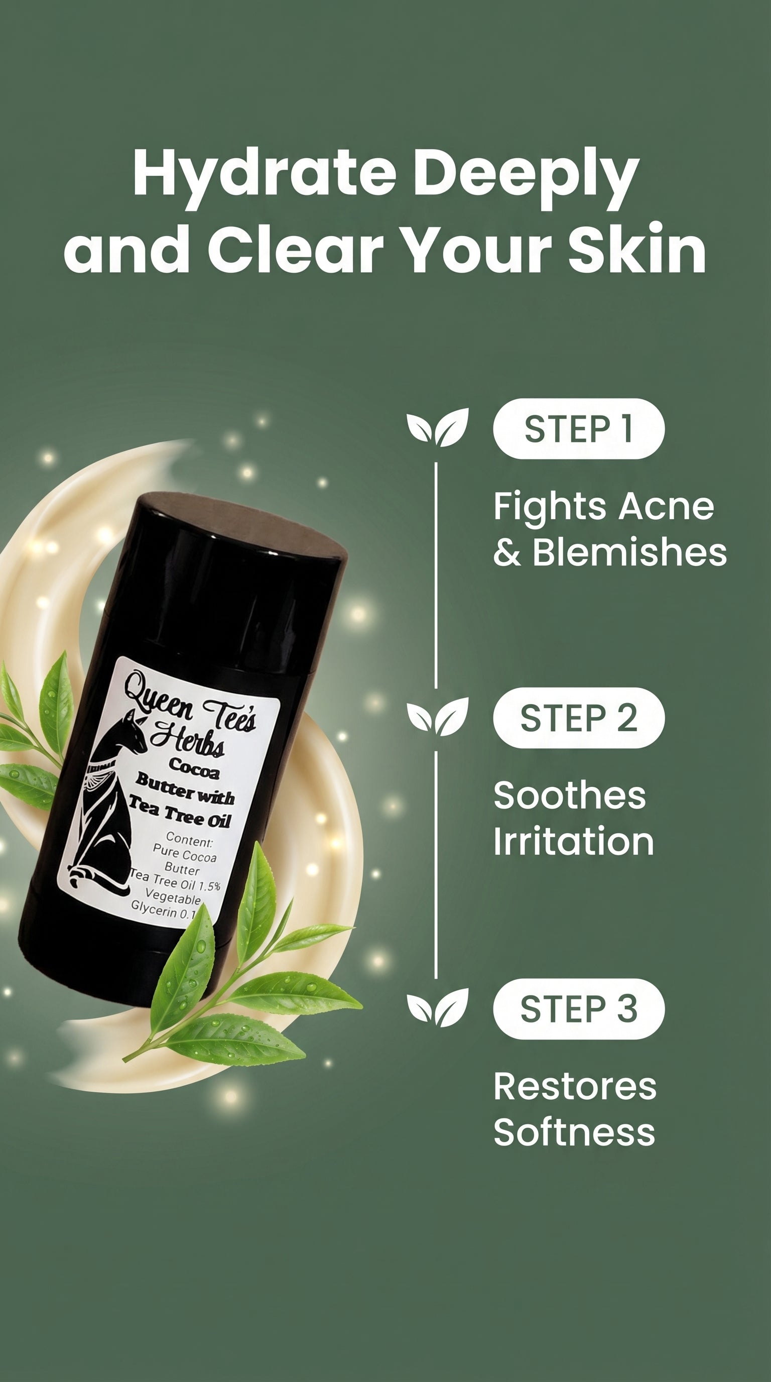 Queen Tee's Premium Cocoa Butter with Tea Tree Oil, 1 oz, in a natural self-care product jar with label showing ingredients.