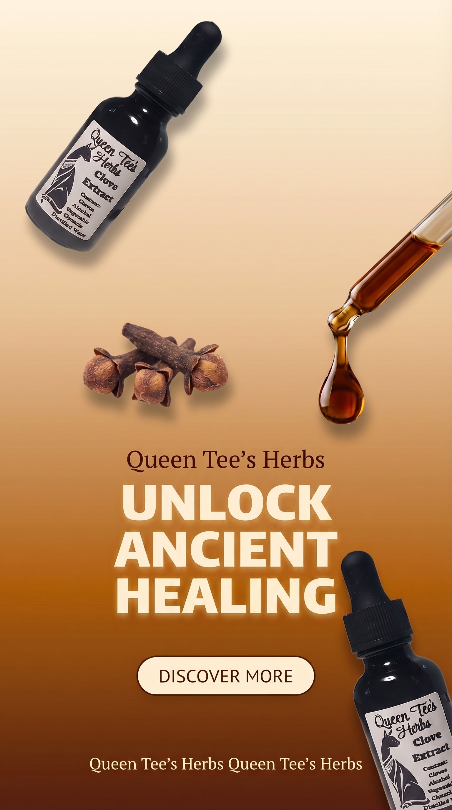 Queen Tee’s Premium Clove Tincture bottle with dropper, herbal tincture for health, in a dark glass bottle with label.