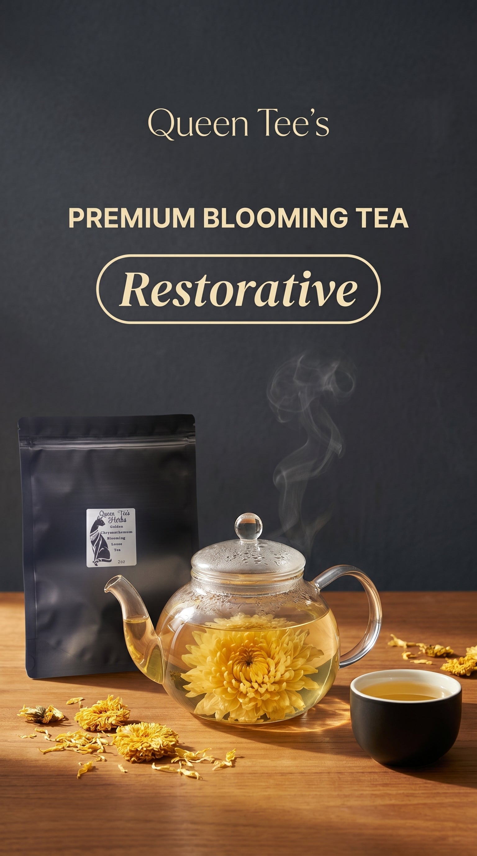 Loose Queen Tee's Premium Golden Chrysanthemum Blooming Tea with blooming chrysanthemum flowers in a clear glass teapot.
