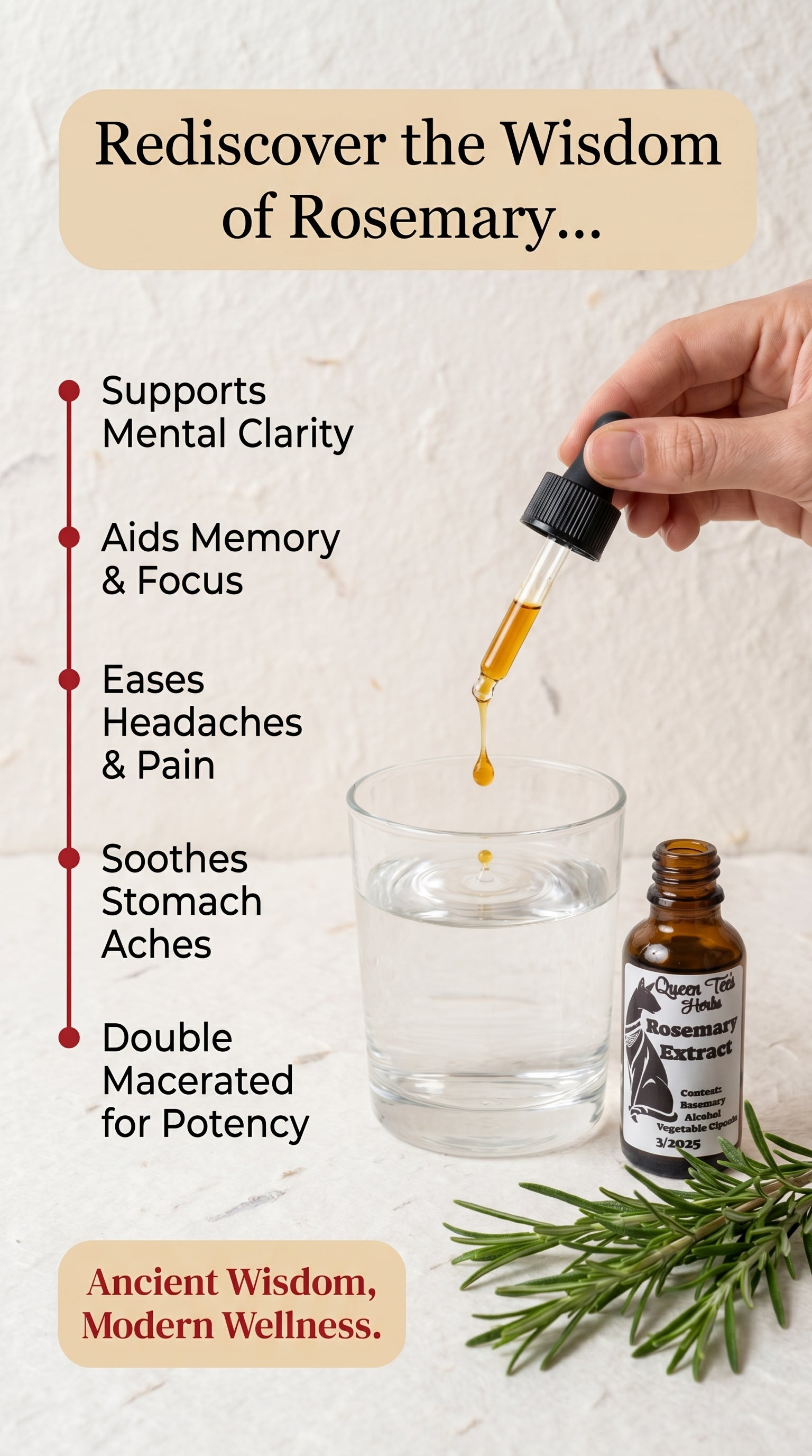 Queen Tee's Premium Rosemary Extract tincture bottle with dropper, featuring herbal tincture labeled packaging.