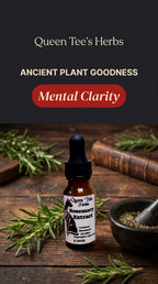 Queen Tee's Premium Rosemary Extract Tincture bottle with dropper, labeled with product details, set against a neutral background.