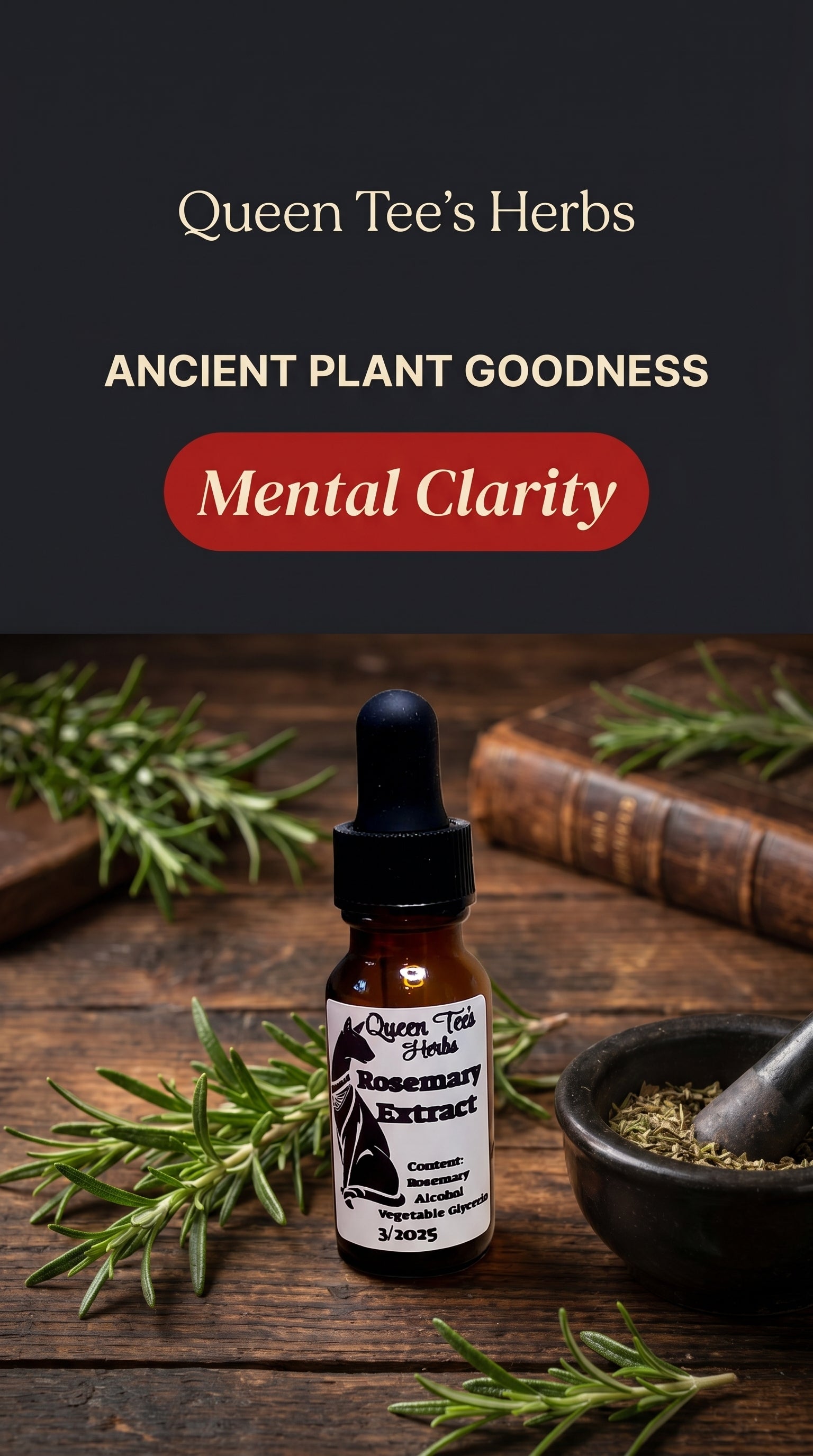 Queen Tee's Premium Rosemary Extract Tincture bottle with dropper, labeled with product details, set against a neutral background.