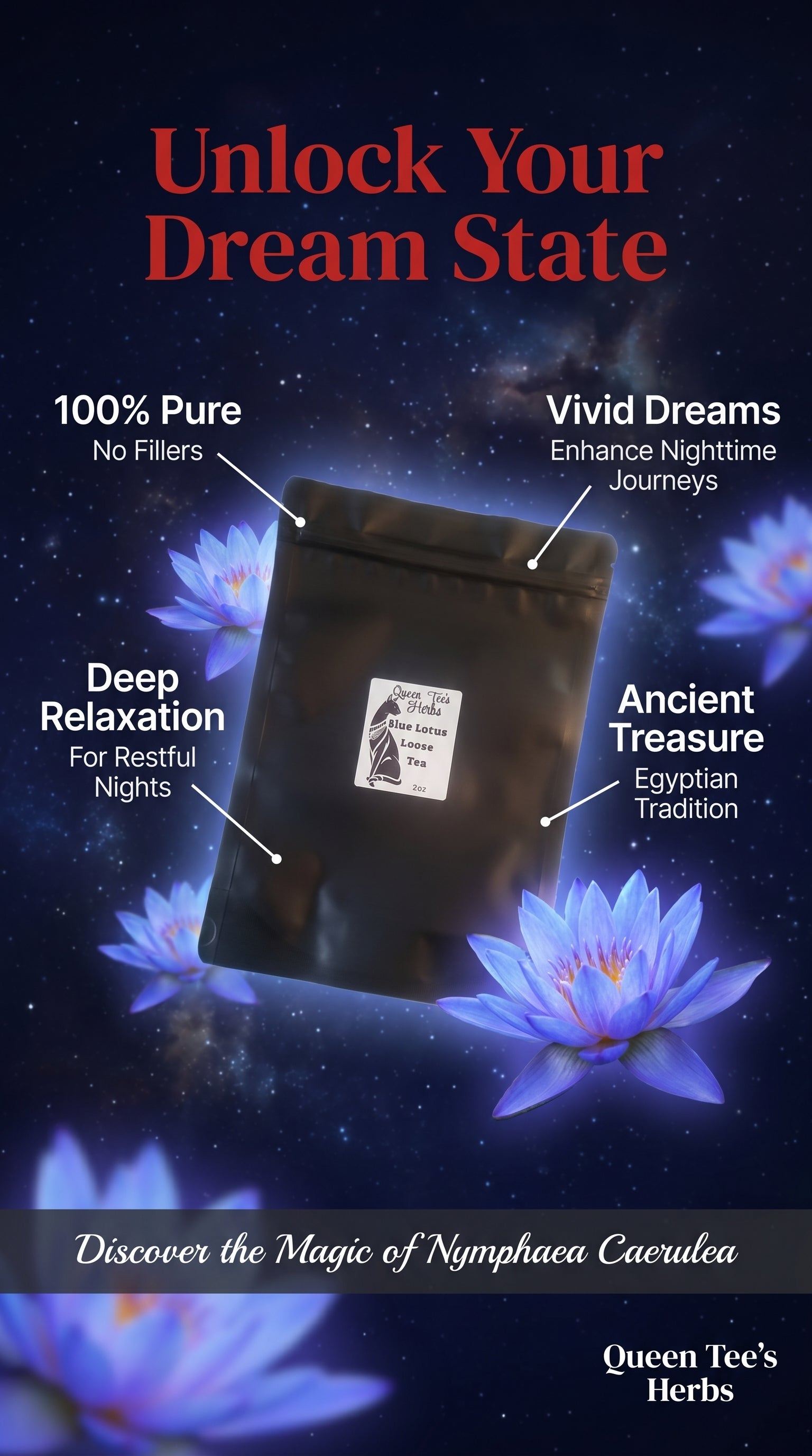 Loose blue lotus herb tea from Queen Tee's, featuring dried Nymphaea caerulea flowers for relaxation and calming benefits.