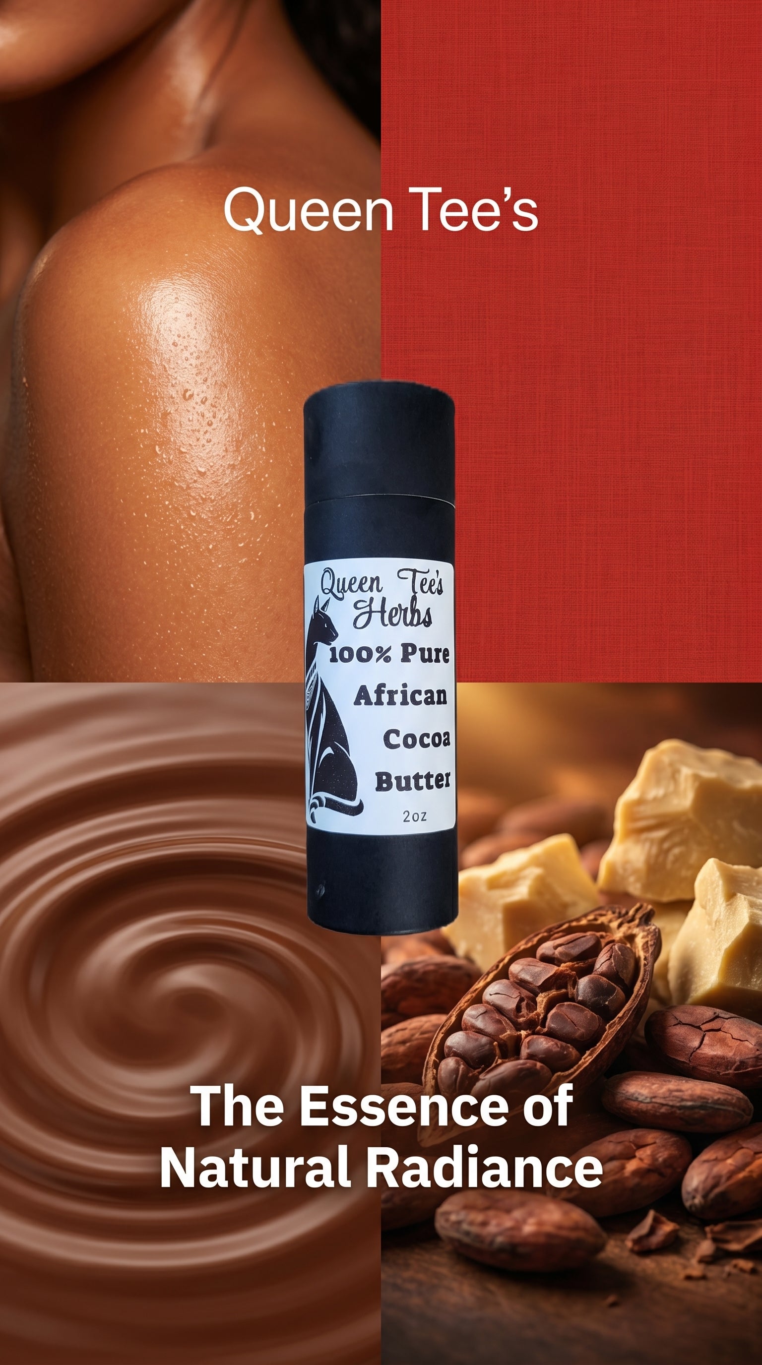 Queen Tee's Premium 100% Cocoa Butter 2oz stick for self-care, natural moisturizer, with smooth, creamy texture and herbal branding.