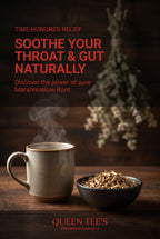 Loose marshmallow root tea from Queen Tee's Herbal Teas, showing dried, cut marshmallow root for herbal infusion.