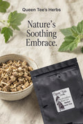 Loose Queen Tee's Marshmallow Root cut herbal tea in a clear jar, showcasing white marshmallow root pieces for soothing herbal infusion.