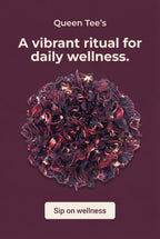 Loose leaf hibiscus tea in a clear jar labeled Queen Tee's Premium Hibiscus Loose Leaf Tea by Queen Tee's Herbal Teas and Tinctures