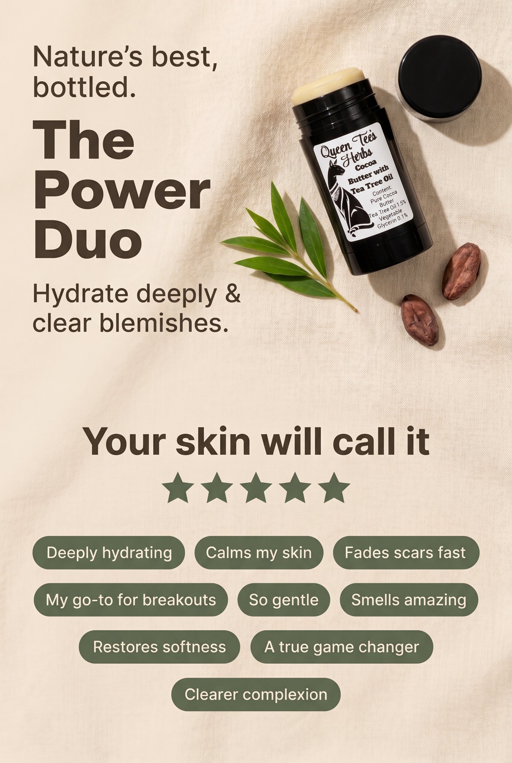 Queen Tee's Premium Cocoa Butter with Tea Tree Oil 1 oz for self-care, featuring rich cocoa butter and natural tea tree oil.