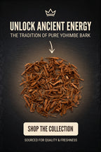 Loose Queen Tee's Premium Yohimbe Bark herbal tea in a clear glass jar with a label, showing dried Yohimbe bark pieces inside.