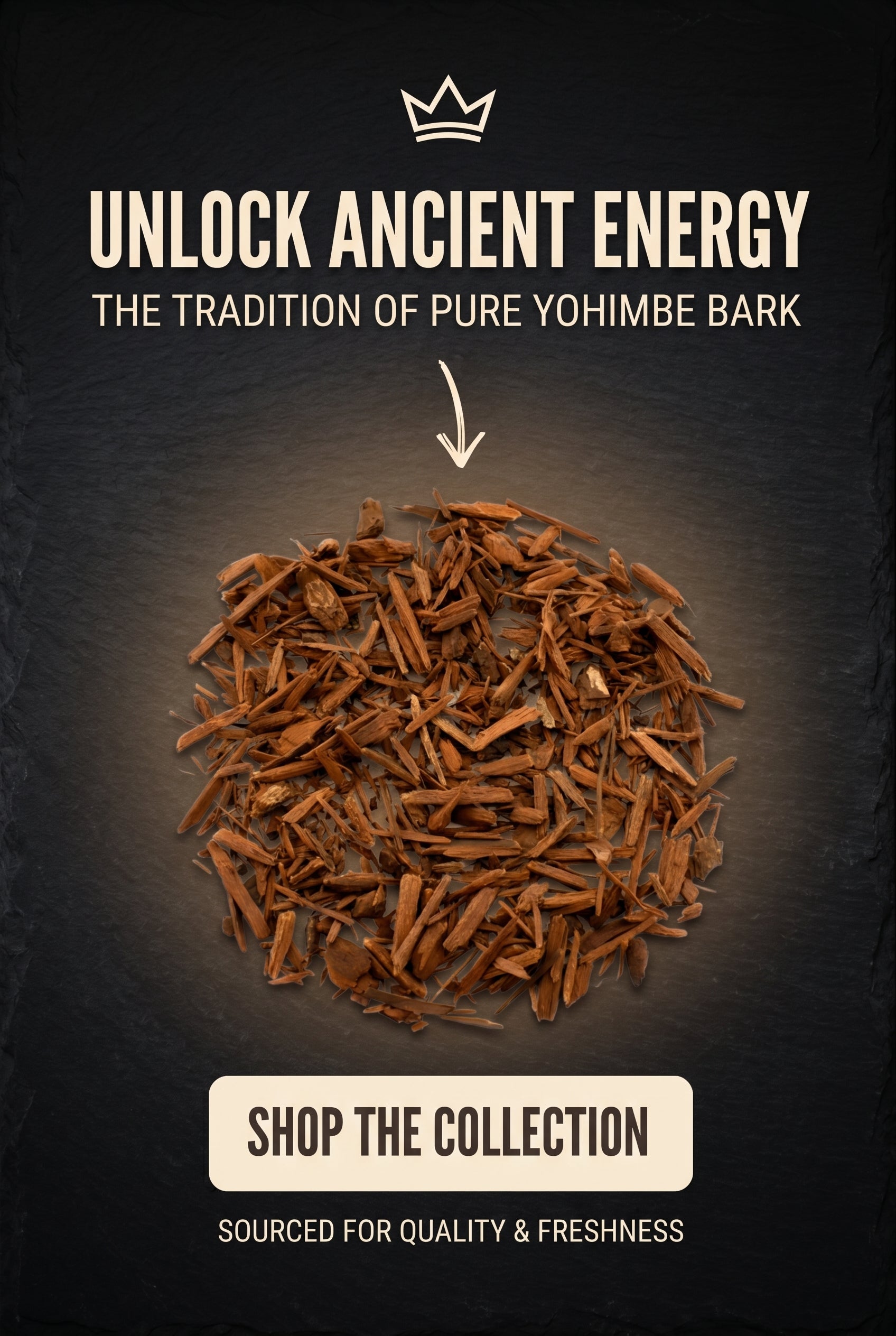 Loose Queen Tee's Premium Yohimbe Bark herbal tea in a clear glass jar with a label, showing dried Yohimbe bark pieces inside.
