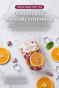 Assorted freeze-dried fruit tea slices in packages from Queen Tee's Herbal Teas and Tinctures, loose fruit tea for brewing.