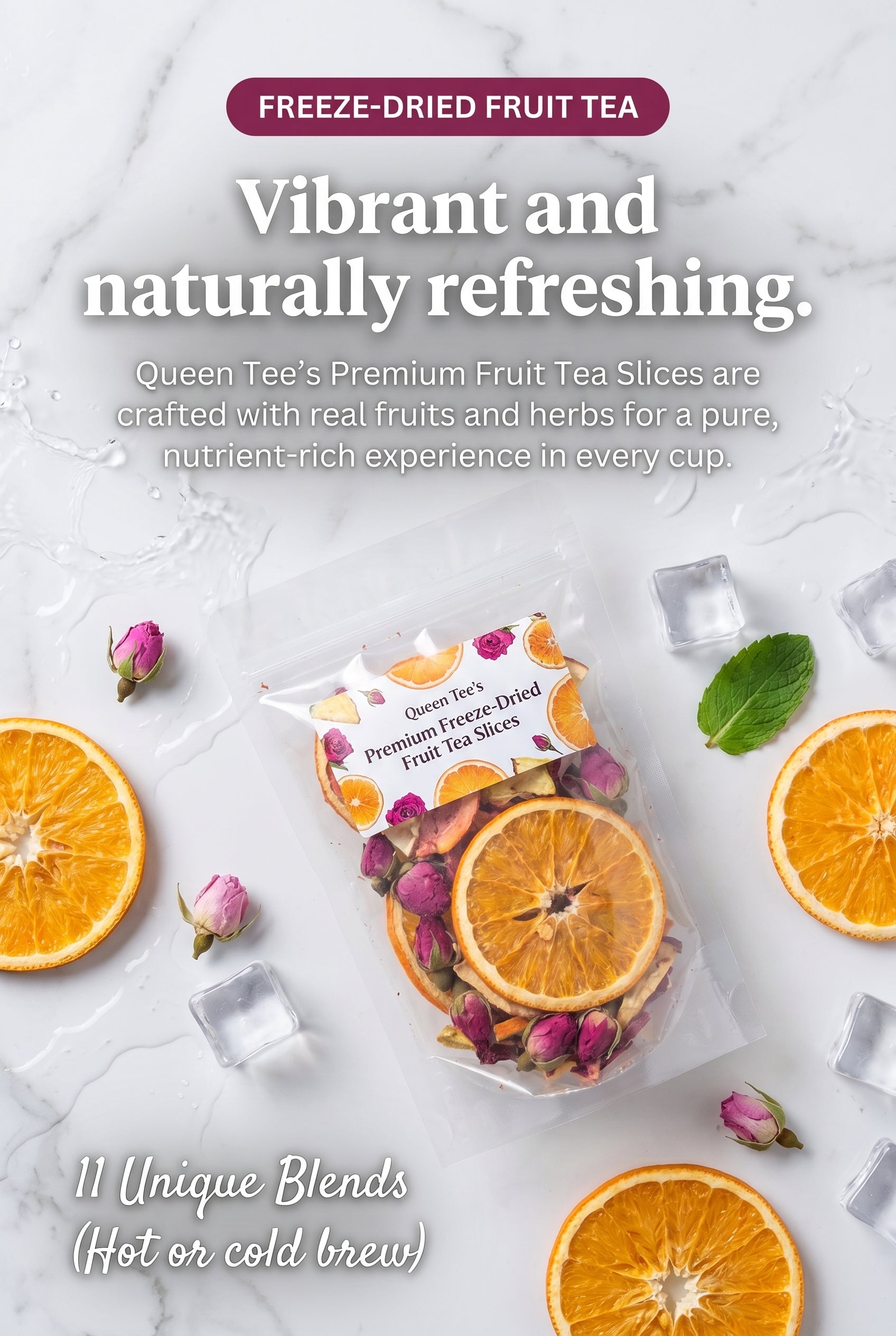 Assorted freeze-dried fruit tea slices in packages from Queen Tee's Herbal Teas and Tinctures, loose fruit tea for brewing.
