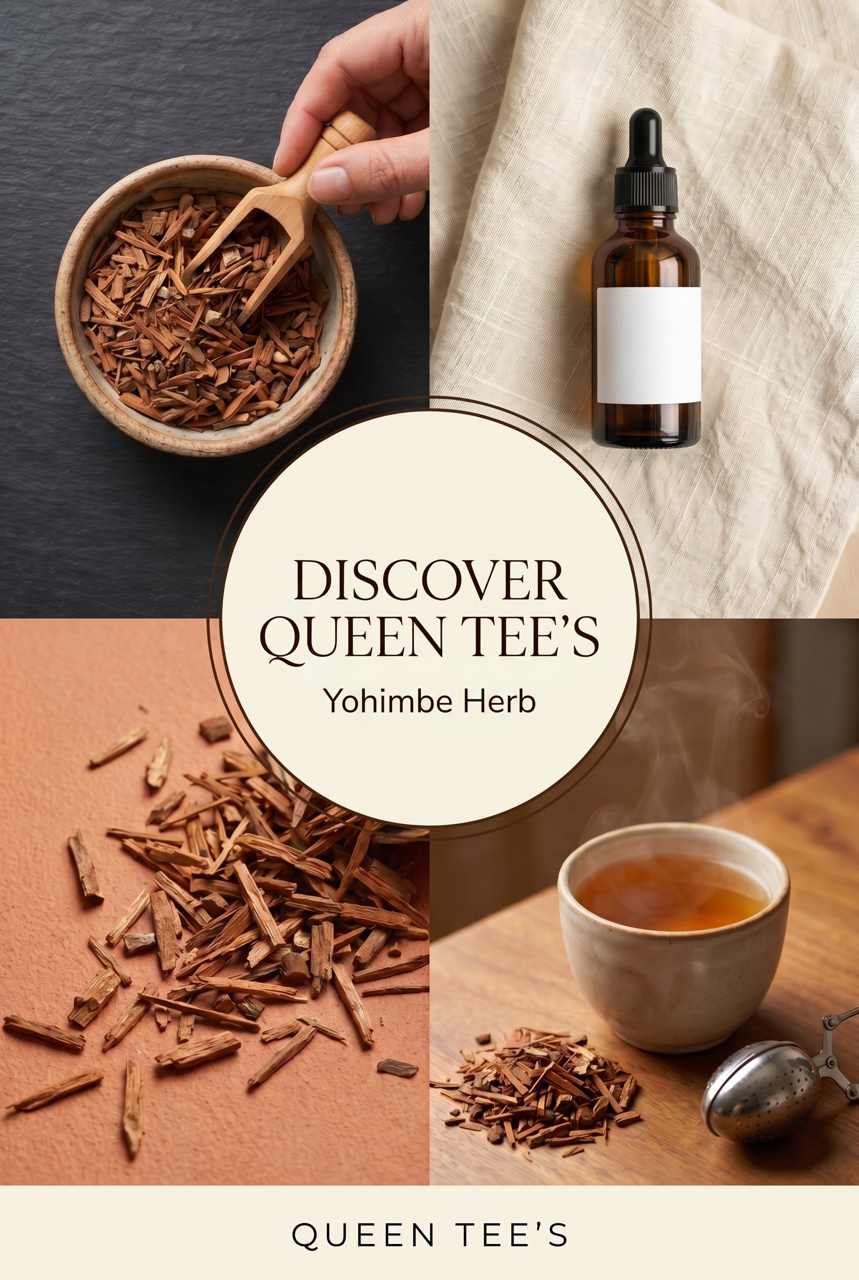 Loose Queen Tee's Premium Yohimbe Bark herbal tea in a clear glass jar with a label, showing the dried bark inside.