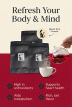 Loose leaf hibiscus tea by Queen Tee's Herbal Teas and Tinctures, vibrant red hibiscus flowers in a clear glass jar.